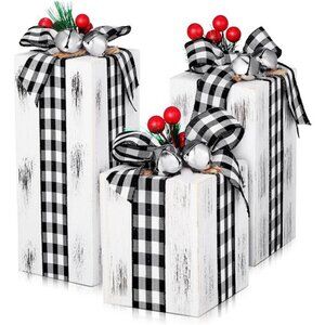 3 Pcs Christmas Wooden Gifts Box  Christmas Plaid Presents Table Centerpieces